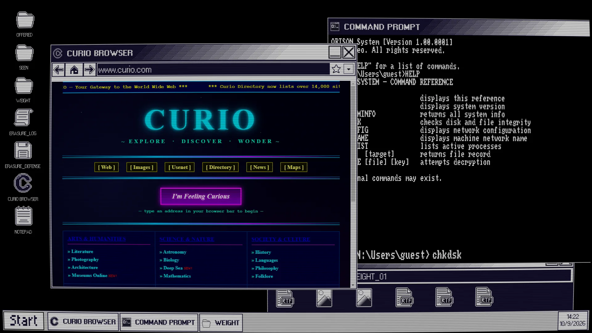 The CURIO browser and a command prompt listing system commands.